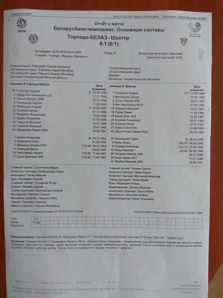 У Жодзіне футбаліст абразіў заўзятараў, суддзяў, "афіцыйных асоб" (дакумент)