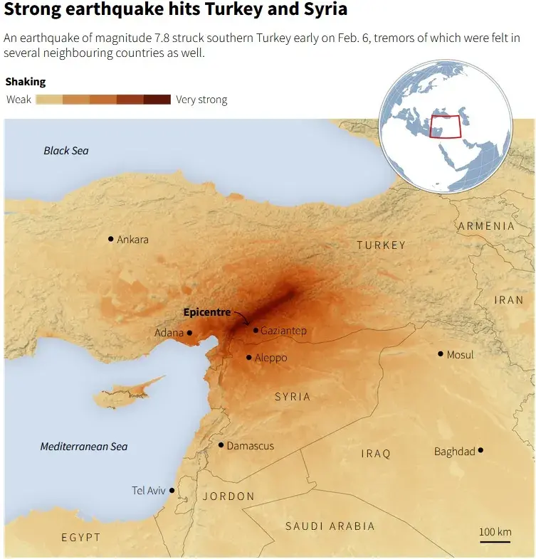 У Турцыі і Сірыі падчас магутнага землятрусу загінулі больш за 2400 чалавек